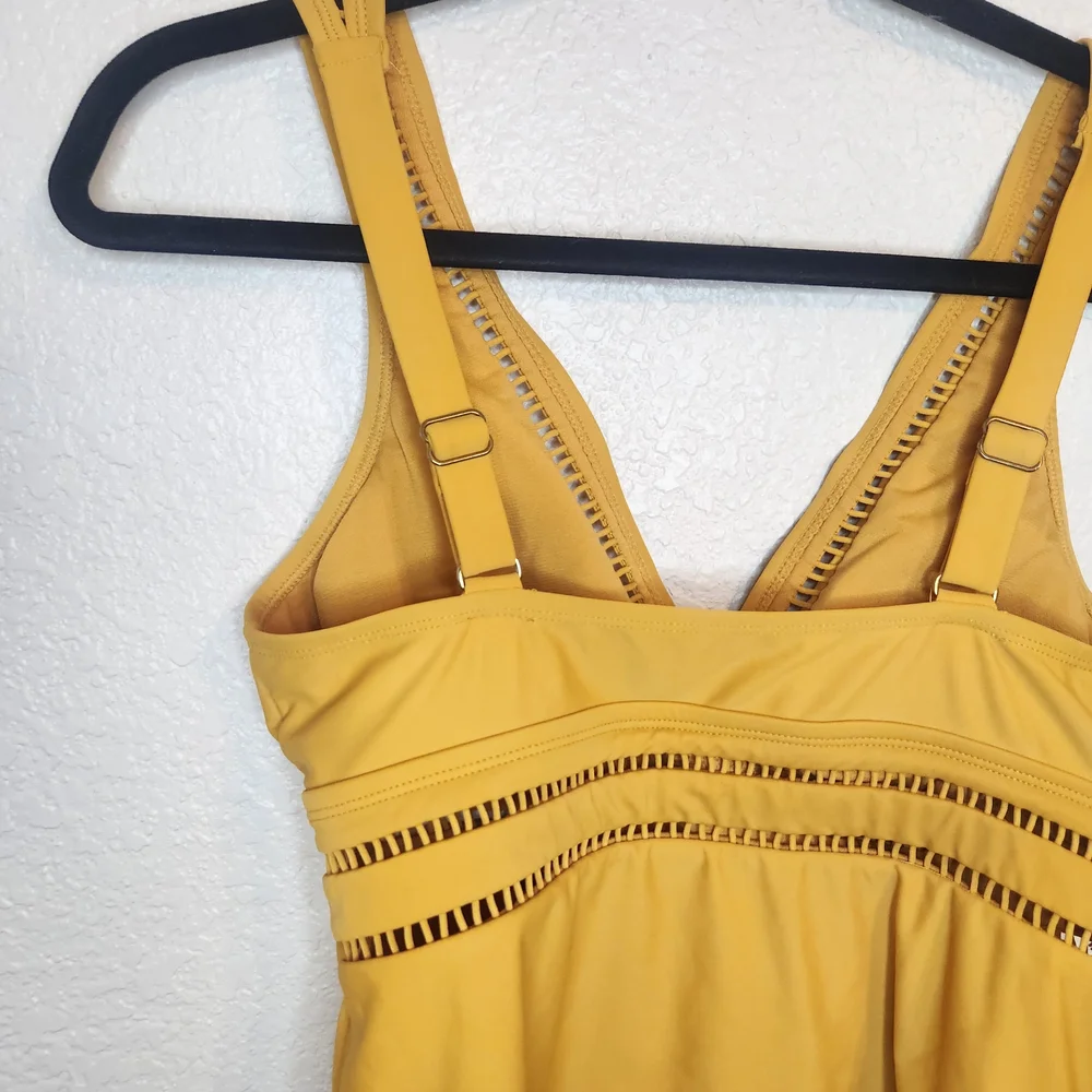 Time And Tru Womens Missy Tankini Swim Top Yellow Boho Travel Retro M 8 10